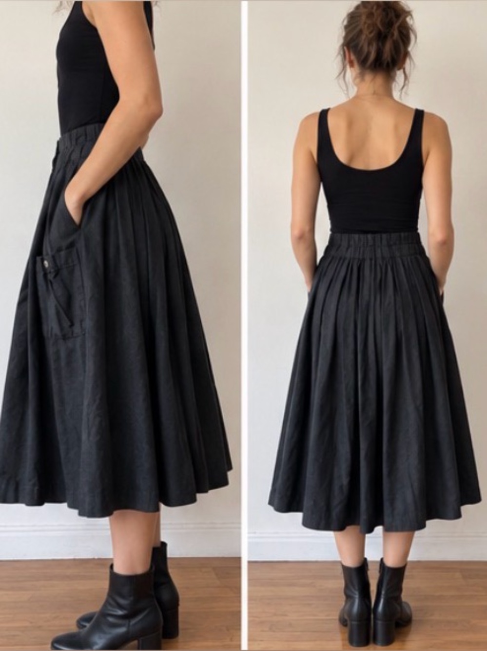 Vintage Junee Black 100% Wool Pleated Midi Skirt High Waist Avant Garde USA 0
